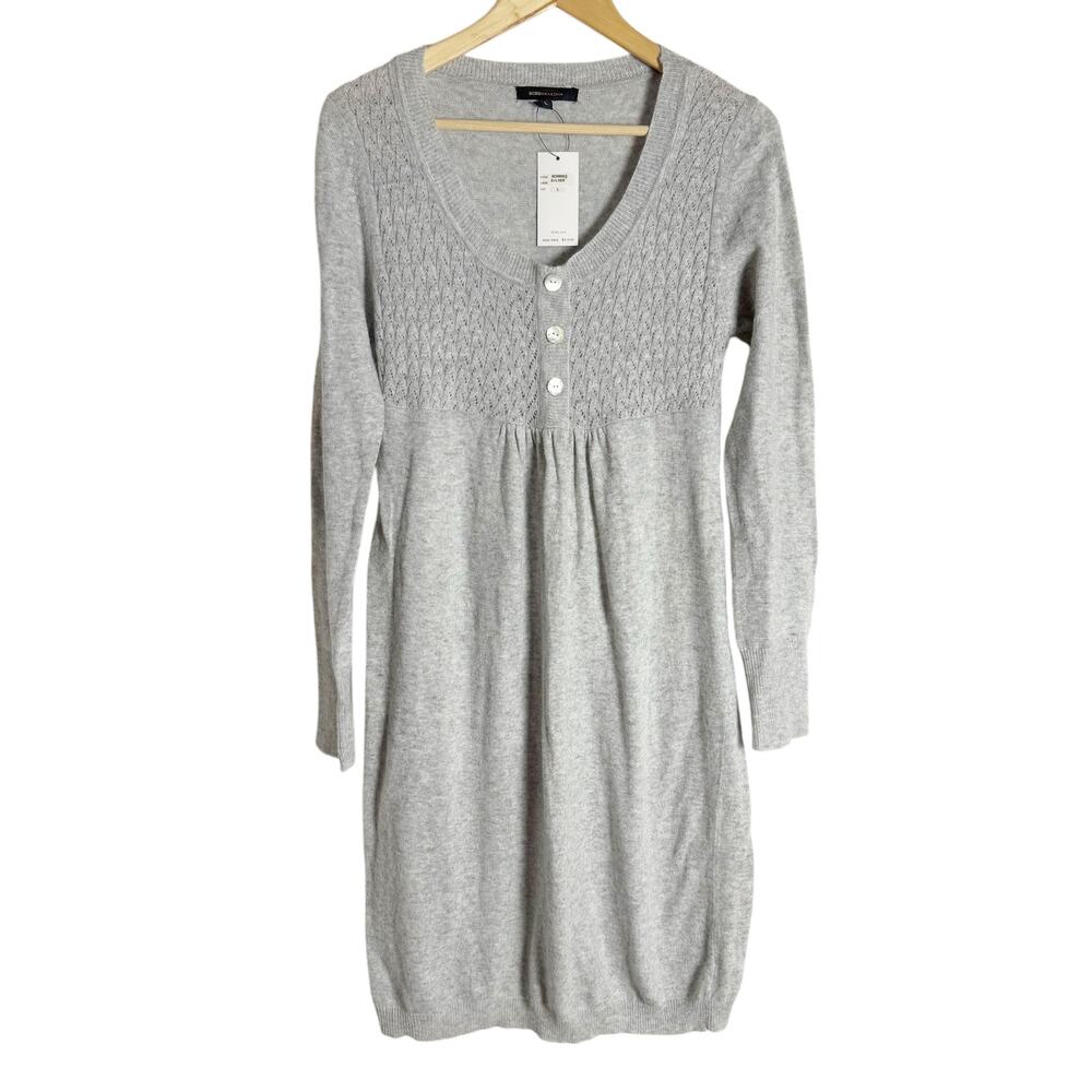 BCBGMaxAzria Gray Angora Wool Pointelle Long Sleeve Sweater Dress Size Large
